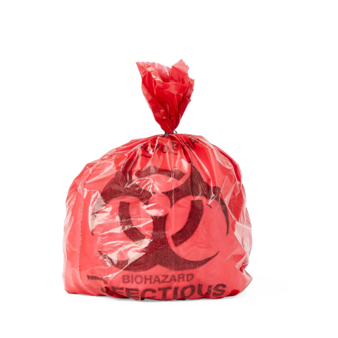 A red plastic Medline Biohazard Liner features a biohazard symbol and INFECTIOUS text, designed for safe disposal of hazardous medical waste in healthcare facilities. The tied bag is shown isolated on a white background.